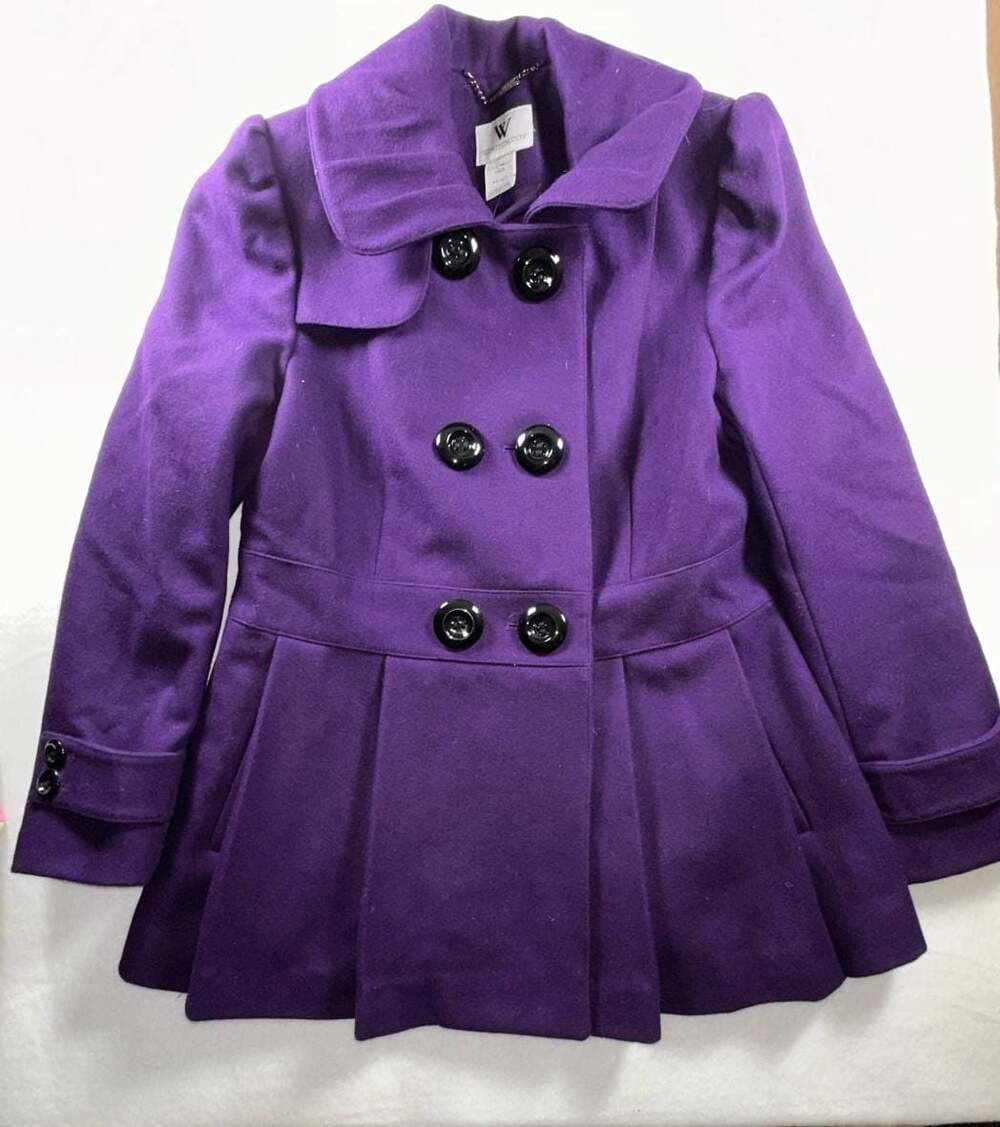 Worthington Petite Small Purple Double-Breasted Wool Blend Pleated Pea Coat